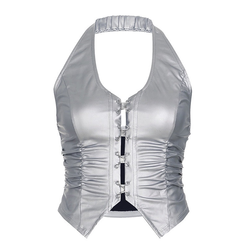 Close-up of hook-eye fastenings and ruched side detail on silver corset