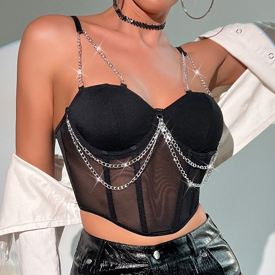 Model wearing black mesh bustier with rhinestone straps – Bare Horizon