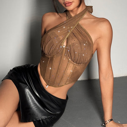 Model wearing brown mesh halter corset top with rhinestone sparkle – front view