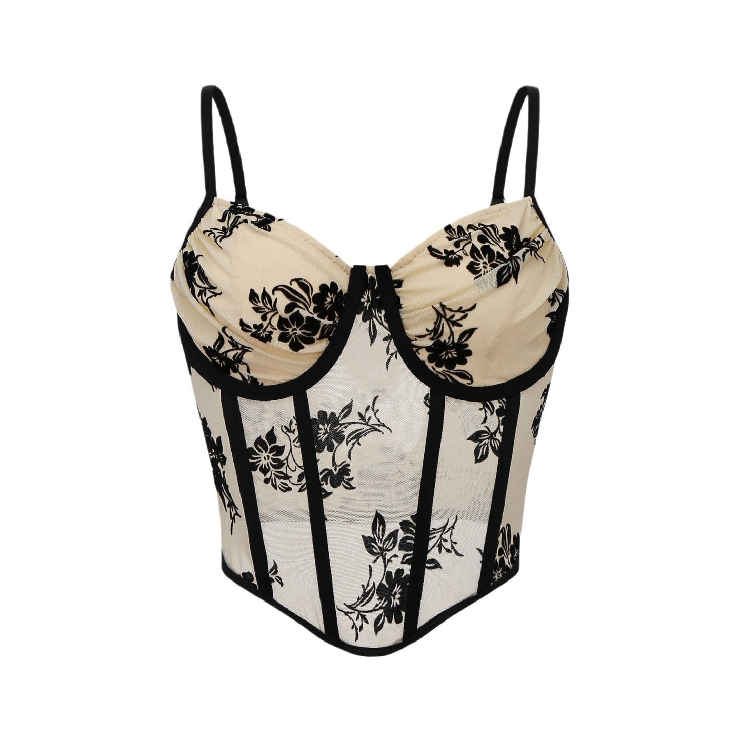 Model wearing beige floral mesh corset top with black trim – front view