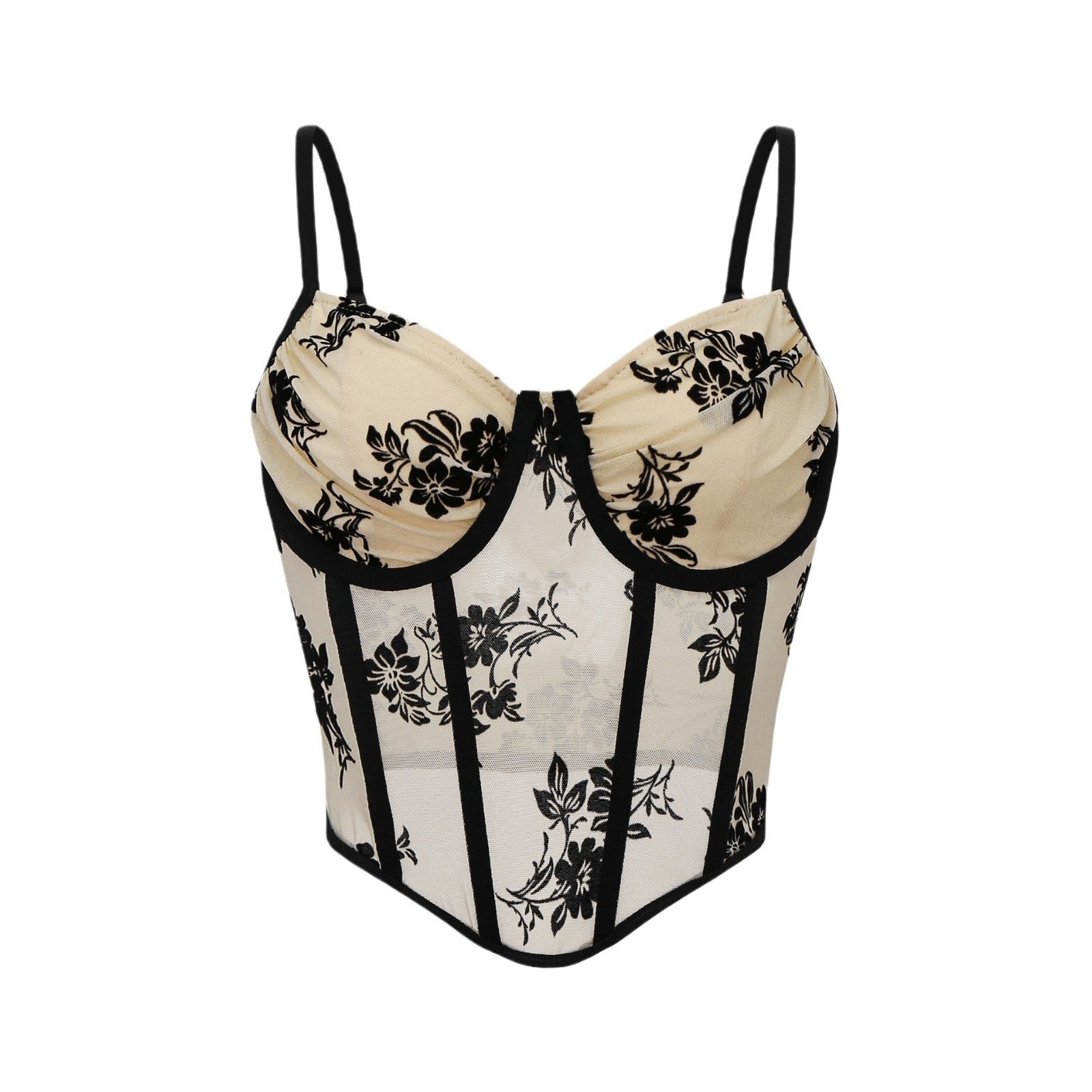 Model wearing beige floral mesh corset top with black trim – front view