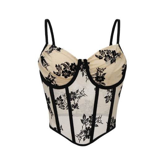 Model wearing beige floral mesh corset top with black trim – front view