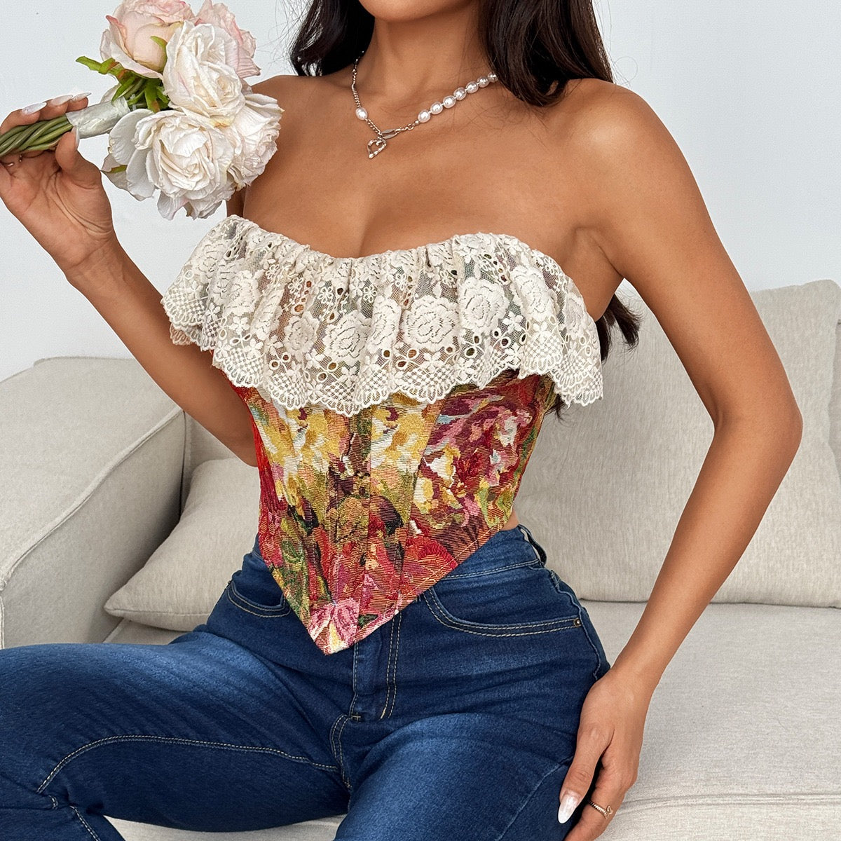 Detail of pointed V-hem and corset boning seams