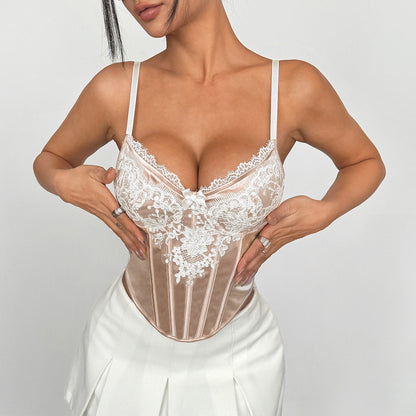 Nude pink satin corset styled with white pleated skirt – romantic aesthetic