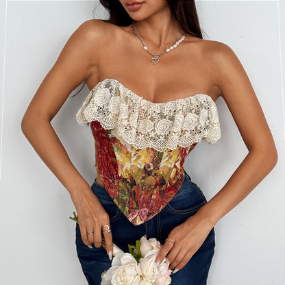 Model wearing floral tapestry corset top with ivory lace ruffle – Bare Horizon